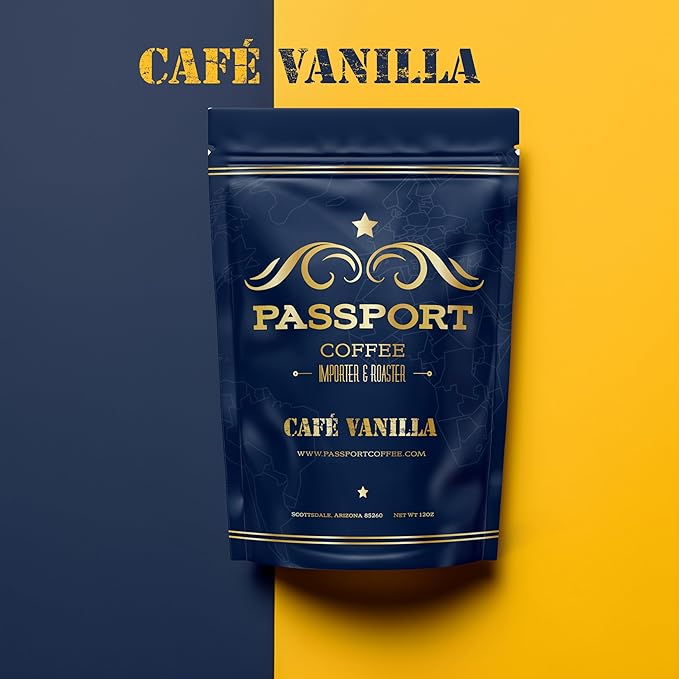 Passport Coffee Cafe Vanilla - Medium roast blend from Colombia & Central America with Rich vanilla flavor. Premium whole bean coffee, 12oz Bag