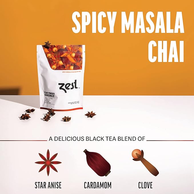 Zest 150mg High Caffeine Energy Loose Leaf Blend - Spicy Masala Chai Black Tea - 4 Oz - All Natural Strong Flavored Healthy Coffee Alternative Highly Caffeinated Substitute - Perfect for Keto Diet