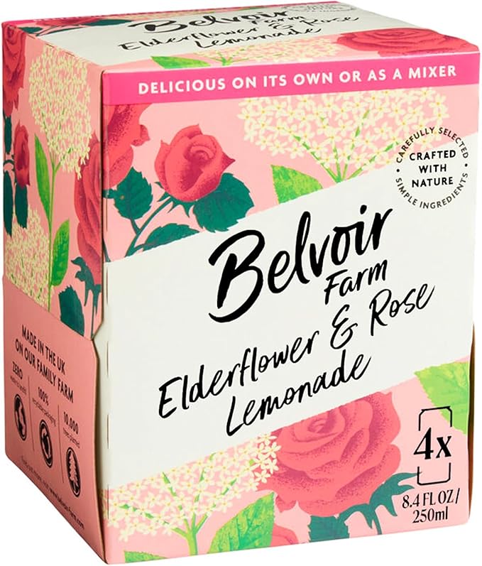 Belvoir Farm Elderflower & Rose Sparkling Lemonade | Delicious On It's Own Or As A Mixer | Product of UK | 4 Cans, 8.4 fl oz (250mL)