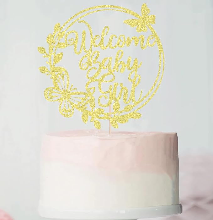 Welcome Baby Girl Cake Topper - Rose Gold Glitter Baby Shower Cake Decorations, Baby Girl Cake Topper, for Baby Shower/Birthday Party/Gender Reveal Party Photo Booth Props (Gold)