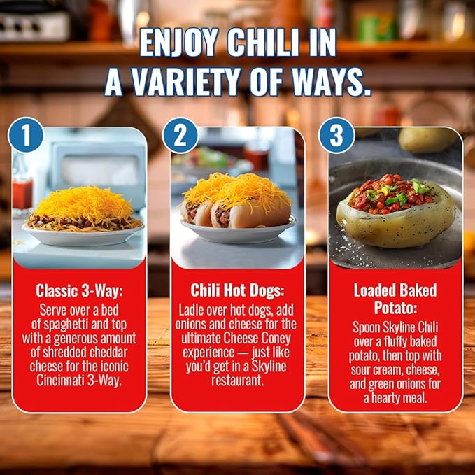 Skyline Chili Bundle - 8-Pack of 15oz Cans Original Chili, (1) 6oz Skyline Hot Sauce Bottle - Authentic Cincinnati Ground Beef Chili with No Beans - Ready to Heat Meal for Hot Dogs, Spaghetti & More