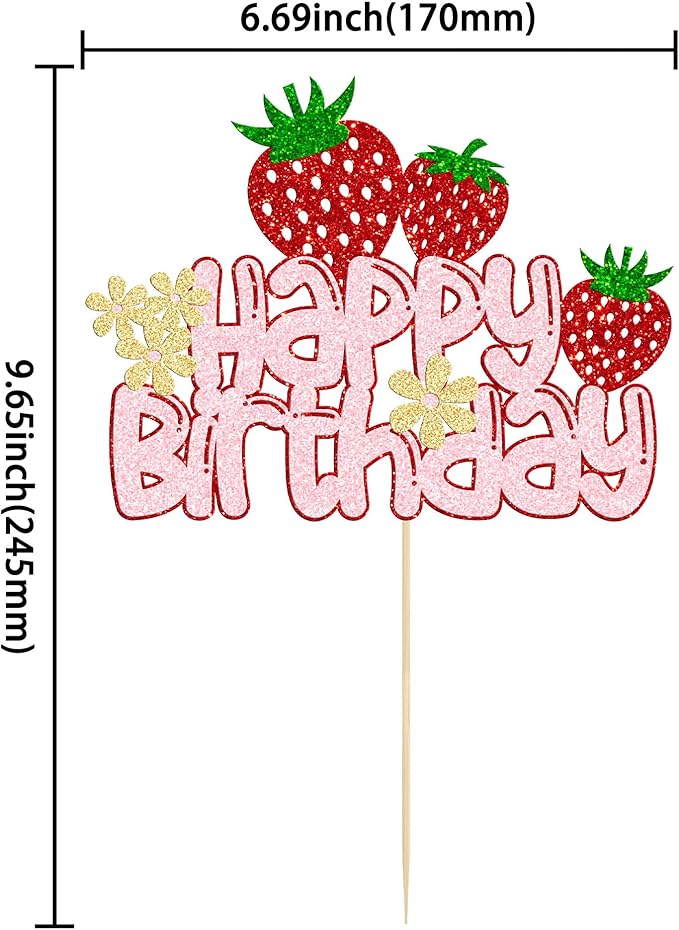 1 Pack Happy Birthday Cake Topper Glitter Strawberry Cake Pick for Fruit Theme Baby Shower Kids Birthday Party Strawberry Fruit Party Cake Decorations Supplies
