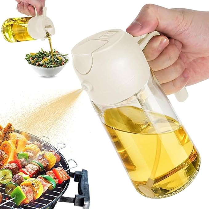 Oil Sprayer for Cooking 2 in 1, 470ml/16oz, Oil Spray & Dispenser Glass Bottle, Food-grade material for Kitchen, Salad Dressing, Frying, Air Fryer & BBQ (Creamy White)
