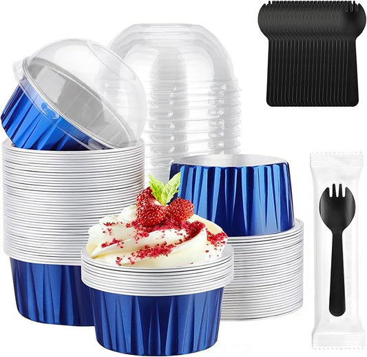 EUSOAR Disposable Ramekins with Lids, 60pcs 5oz Mini Cheesecake Pans and 60pcs Individually Wrapped Sporks, Aluminum Foil Ramekins Baking Cups with Lids for Party Bulk Wedding Birthday Picnic