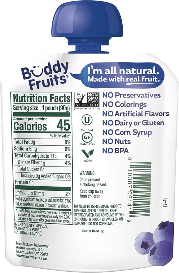 Buddy Fruits Snacks To Go Blueberry Unsweetened Applesauce 3.2oz Pouch (18pk) Gluten-Nut-Dairy-Preservatives-BPA Free, Non GMO, Kosher