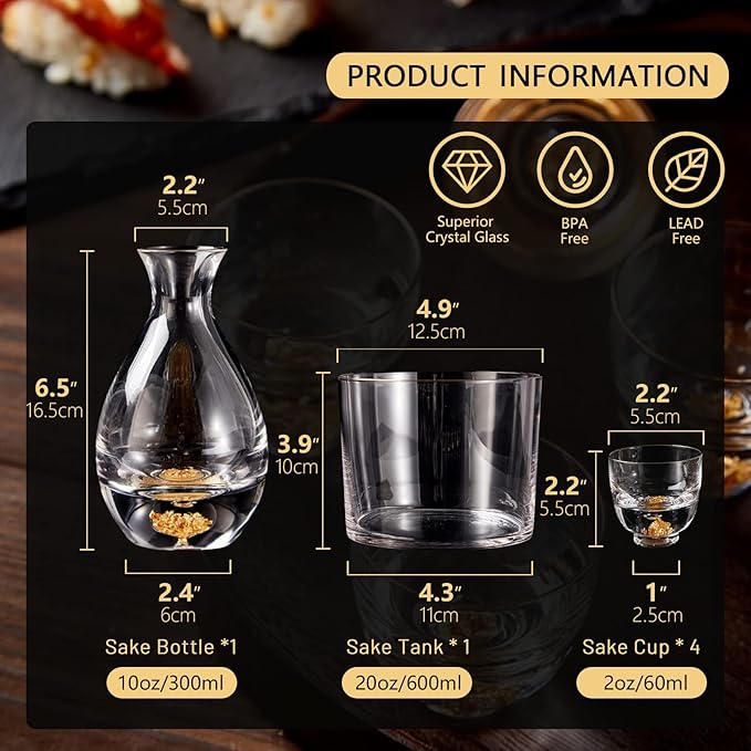 DUJUST Sake Set for 4, Crystal Sake Glass Decorated with 24K Gold Leaf Flakes, 1 Sake Bottle, 1 Sake Tank and 4 Sake Cups/Shot Glass, Cold Sake Carafe, Beautiful & Luxury Japanese Gifts Set - 6 pcs
