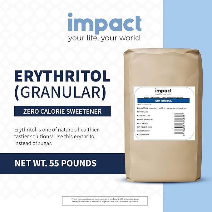 Impact - Erythritol Sweetener Sugar Substitute - Zero Calorie, No Additives, For Baking, Cooking, Supports Healthy Lifestyle & Oral Health - 55lbs