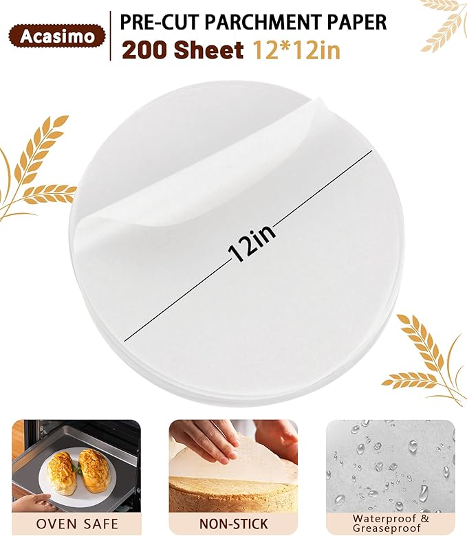 200Pcs Parchment Paper Rounds, 12 Inch Baking Parchment Circles, Precut Baking Sheets Round, Burger Patty Paper Liners for Tortilla Press, Cake Pan, Air Fryer, Springform Pan, Pizza Pan, Cake Cookie