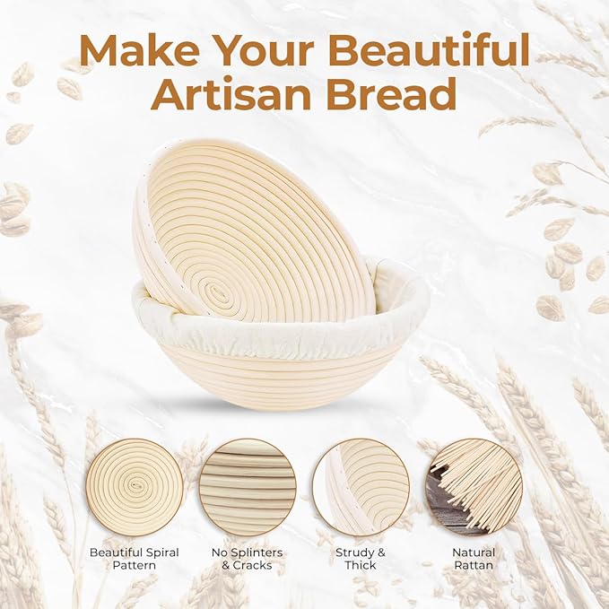 Banneton Bread Proofing Basket 9??Round with Linen Liner ??Sourdough Bread Baking Supplies Kit | Natural Rattan Sourdough Proofing Basket, Bread Making Tools, Sourdough Banneton Basket & Accessories