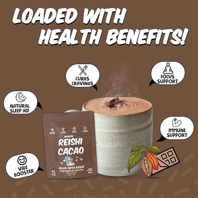 Renude Reishi Cacao – Mushroom Hot Chocolate Mix, Coffee Alternative with Magnesium, Organic Cacao Powder with Reishi for Sleep Support –15 Servings