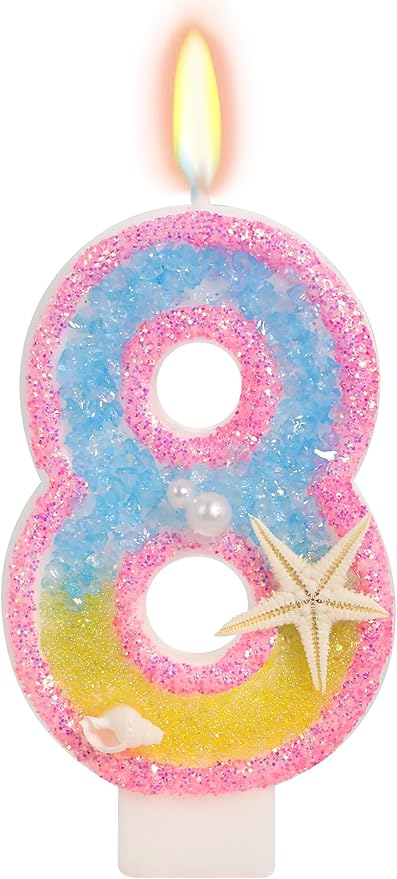 8th Birthday Candle for Cake, Pink Beach Starfish Sequins Number Candles, 2.76 inch Pink Cake Topper Decoration for Birthday Party (Number 8)