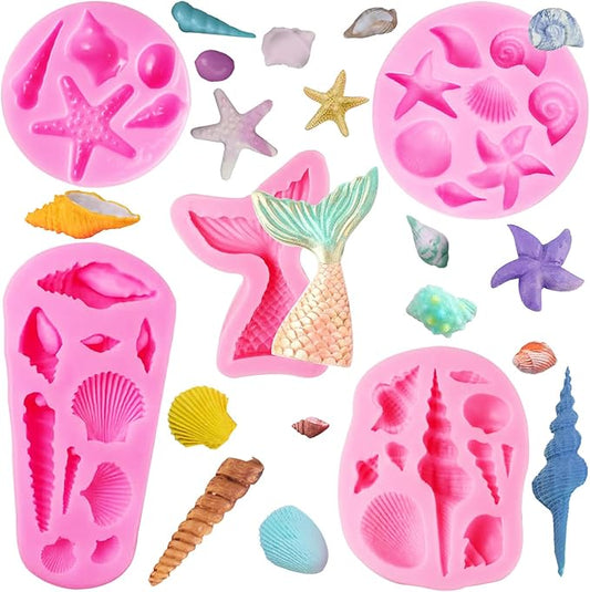 Seashell Silicone Molds, AIMEIKI 5 Pack Marine Theme Cake Fondant Silicone Molds Seashell Conch Starfish Baking Molds for Decorating Cake Candy Chocolate DIY Craft Projects