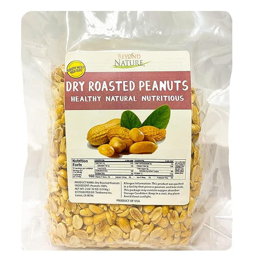 Beyond Nature Dry Roasted Peanuts ??Unsalted 2 Pound (32 oz) Vacuum Sealed Non GMO, No Oil & No Salt, Low Carb, Keto Friendly & Vegan Snack