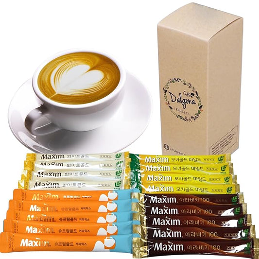 Korean Latte - Korean 3 in 1 Instant Coffee Variety Sample Packets with Gift Box Set, Maxim Supreme Gold Maxim instant Coffee 4 Mix Combination 18 Sticks