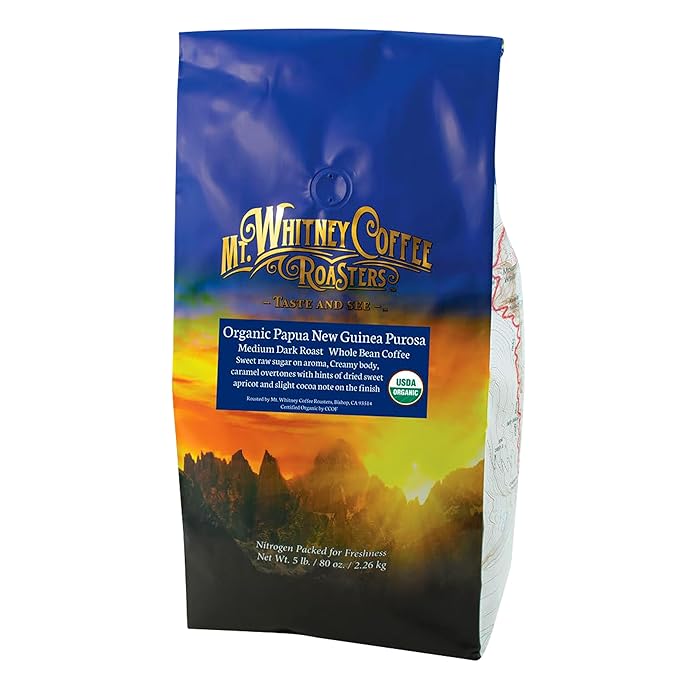 Mt. Whitney Organic Papua New Guinea, Medium Dark Roast, Low Acid Coffee (Whole Bean, 5Lb)