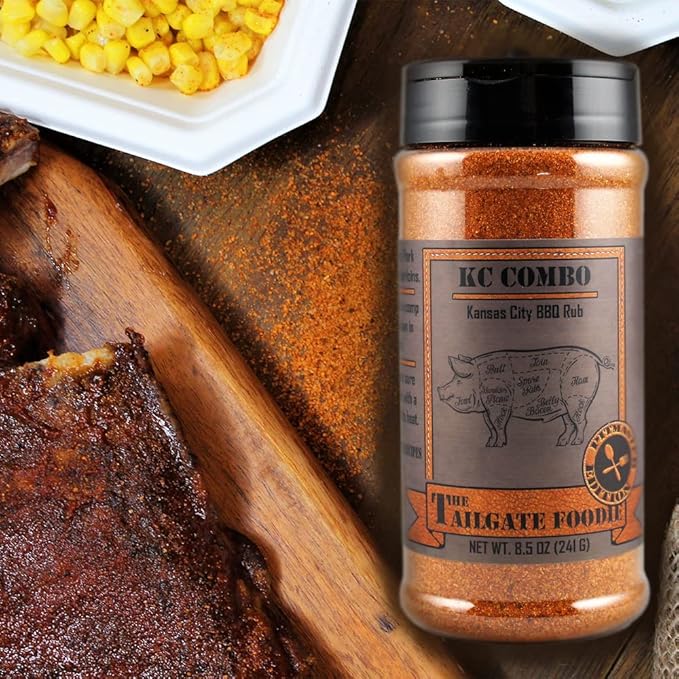 The Tailgate Foodie: K.C. Combo Kansas City BBQ Rub - Sweet & Spicy Blend - Great on Ribs, Pork, and Chicken -Meat - Seasoning and Dry Rub - Large Shaker Bottle
