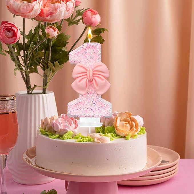Pink Glitter Bow Birthday Candle, Smokeless, Eco-friendly, Non-Toxic, Modern, Numeric, 8cm/3in x 4cm/1.6in, 1 Count