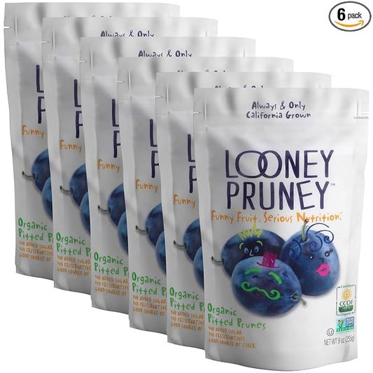 Looney Pruney Organic Pitted Dried Prunes for the Entire Family | Always California-Grown | Kosher | No Added Sugar & No Preservatives (6 pack)