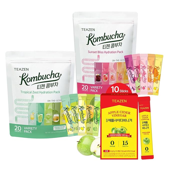 TEAZEN Kombucha Tea 40 Sticks & Apple Cider Vinegar Powder 10 Sticks