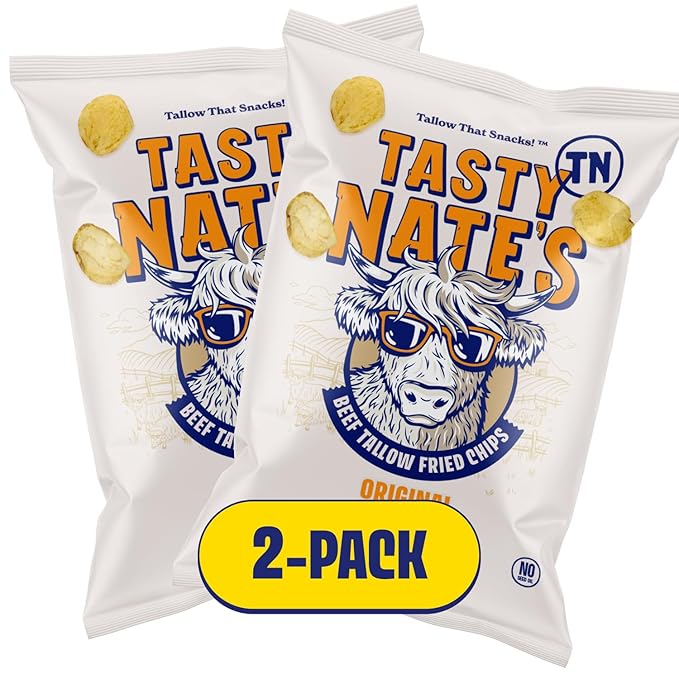 Tasty Nate???Beef Tallow Potato Chips - Original Sea Salt, Fried in 100% Beef Tallow - Seed Oil Free Chips, Paleo Snacks for Adults, 7oz Bag - Pack of 2