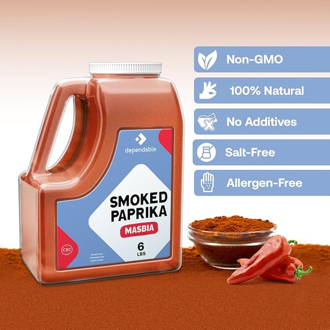 Dependable Food Smoked Sweet Paprika -6 Lb. Jar - Spanish, Bulk, Kosher Paprika Seasoning for Chefs & Culinary Enthusiasts - Natural, Non-GMO - Adds Smoky & Sweet Flavor to Grilled Meats, Paella, Roasted Vegetables, Stews & More - Allergen Free