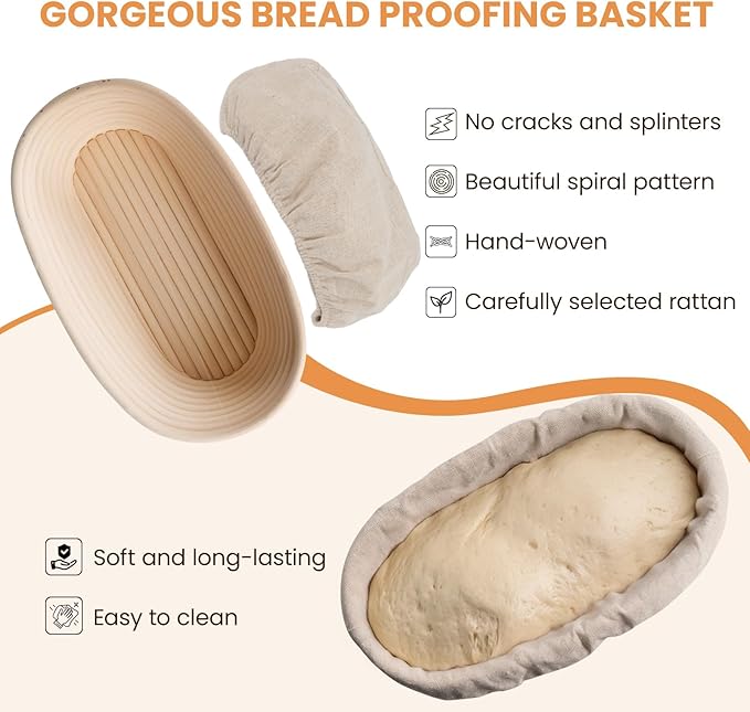 KIKCOIN Banneton Bread Proofing Basket, 10 Inch Oval Sourdough Bread Baking Supplies, Sourdough Proofing Basket Set of 2, Sourdough Starter Kit with Bread Lame, Linen Liner, Metal Scraper, Dough Whisk
