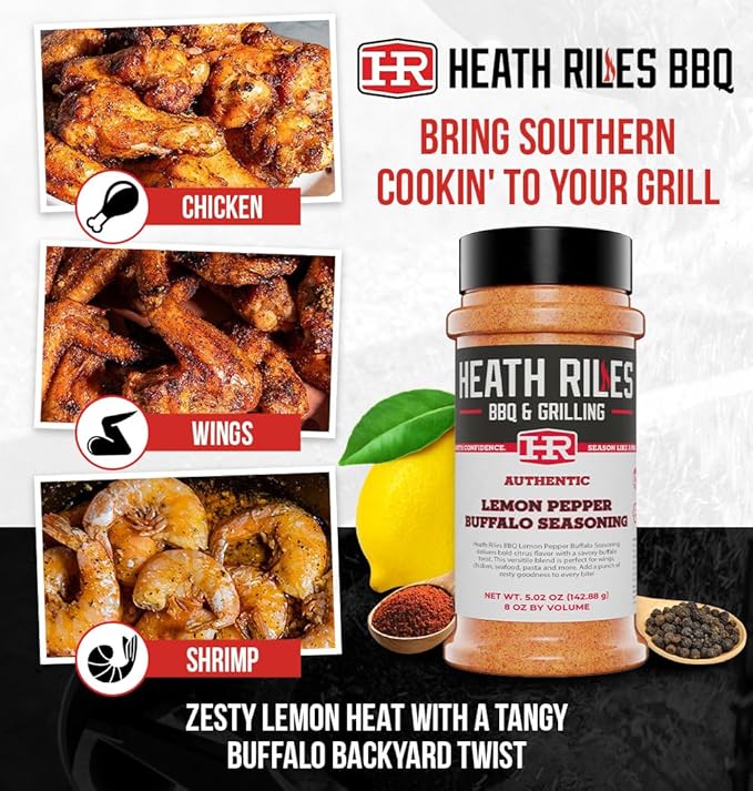 Heath Riles BBQ Rub - Lemon Pepper Buffalo Seasoning, Champion Pitmaster Recipe, Legendary Rubs For Smoking & Grilling, 70+ BBQ Championships, 8 oz.