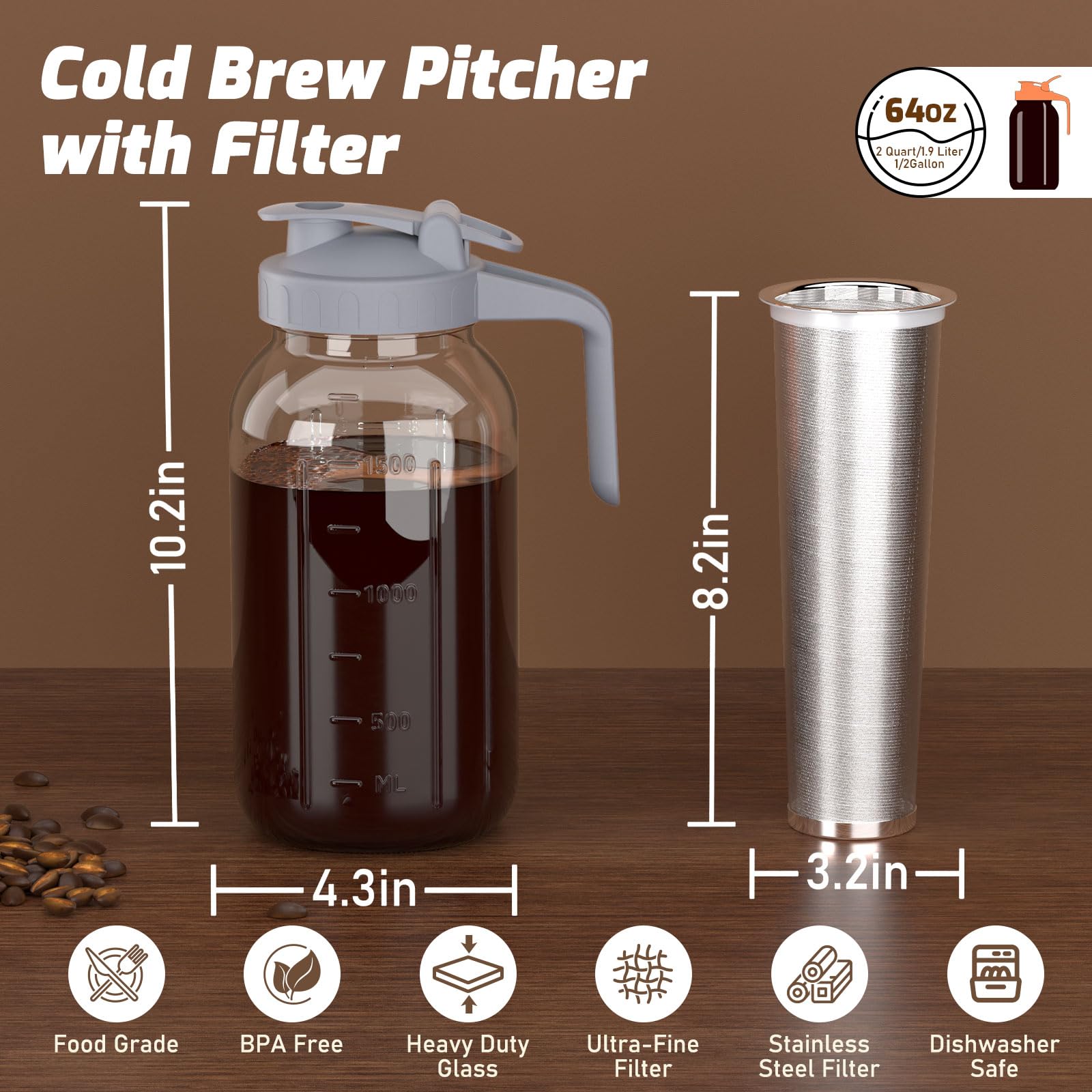 JunVpic Cold Brew Coffee Maker, 64 oz Glass Mason Pitcher