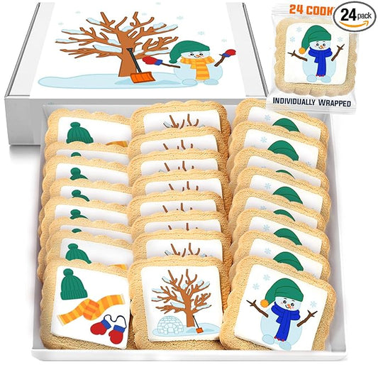 Winter Snow Cookies Theme Party Favors | 24 Pack Individually Wrapped Bulk | snowman hat scarf gloves mittens igloo snowflakes sweater shovel Cold weather | For Kids Adults