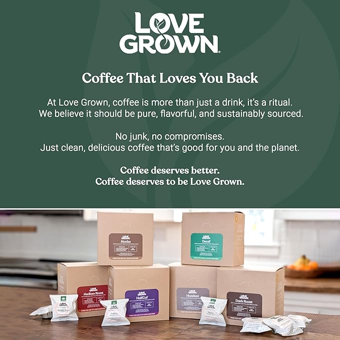 Love Grown Compostable Coffee Pods - Compatible with Single-Serve Brewing Machines - 100% Arabica Beans, Plastic-Free, Gluten-Free, Non-GMO - Decaf, Box of 15
