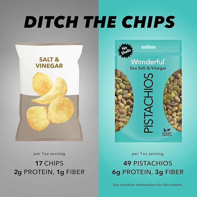 Wonderful Pistachios No Shells, Sea Salt & Vinegar Flavored Nuts, 2.25 Ounce Bag (Pack of 8), Protein Snacks, Gluten Free Snacks for Adults