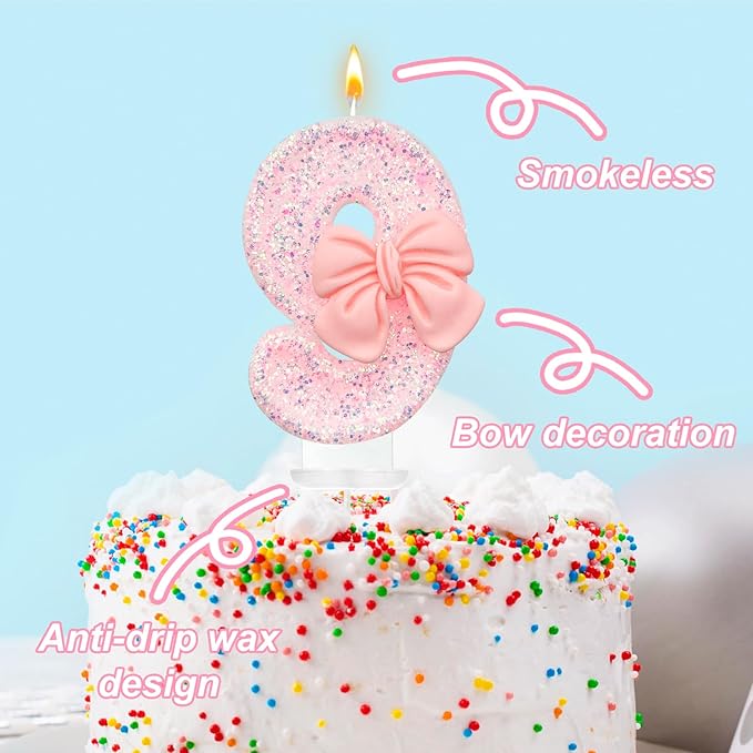 Pink Glitter Bow Birthday Candles, Number 9, Smokeless, Eco-friendly, Non-toxic