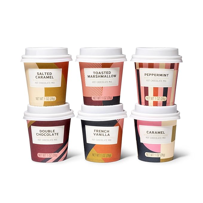 Bombombs Hot Chocolate Mix Gift Set in Mini Cup Packaging, Flavors Include Double Chocolate, French Vanilla, Peppermint, Salted Caramel and More, Set of 6