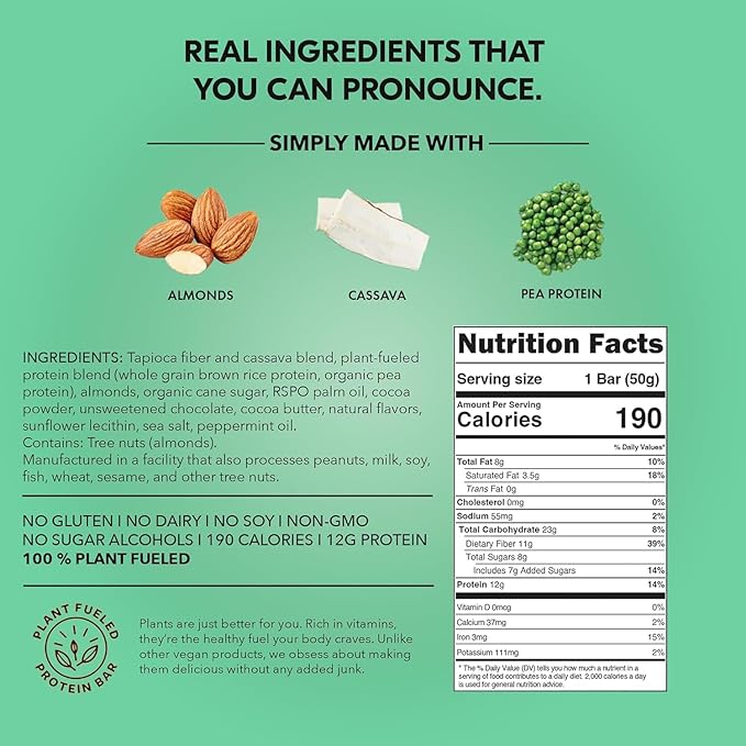 TRUBAR Vegan Protein Bar, It???Mint to Be Chip, Gluten Free, Plant Based High Fiber, Dairy Free, Non GMO, Low Fat, No Sugar Alcohols, 12G Lean Protein, 13G Fiber, Healthy Snack Bars, 12 CT