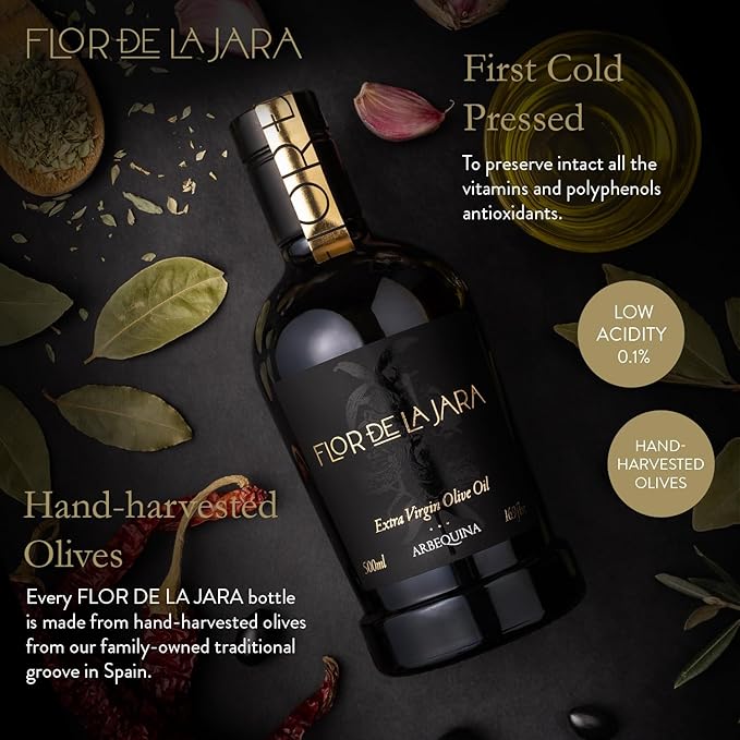 FLOR DE LA JARA Premium Extra Virgin Olive Oil from Spain, First Cold Pressed, Monovarietal Arbequina, Hand-Harvested Olives, Family-Owned Grove, Low Acidity (0.1%), 16.9 fl oz (500ml)