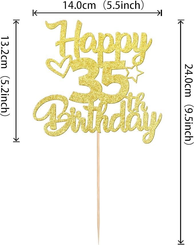 1 Pack Happy 35th Birthday Cake Topper Glitter Heart Star 35 Fabulous Cake Pick Birthday Sign Cake Decorations for Children 35th Birthday Theme Party Supplies Gold