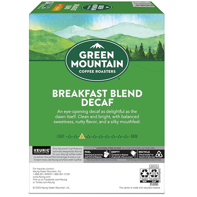 Green Mountain Coffee Roasters Breakfast Blend Decaf Coffee, Keurig Single Serve K-Cup pods, Light Roast, 96 Count