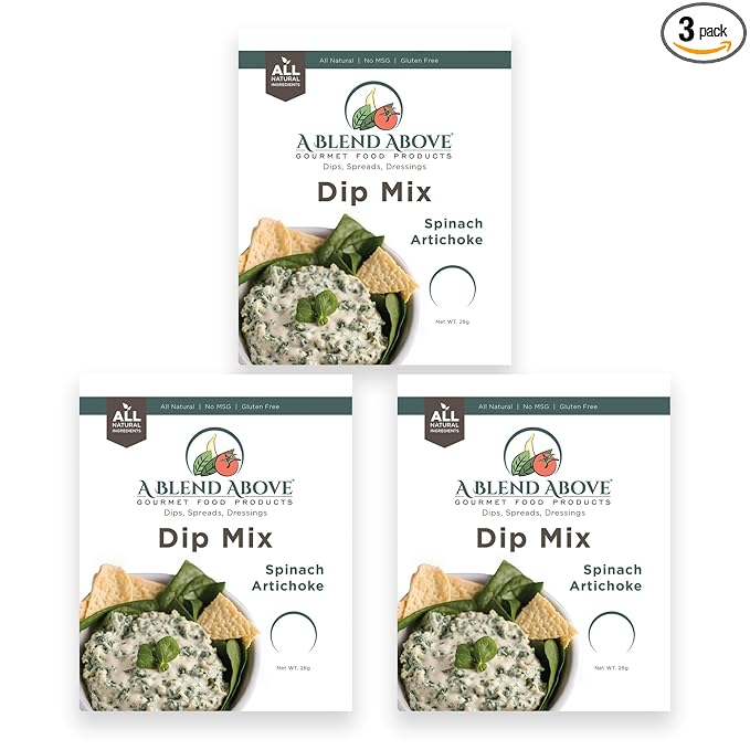 A Blend Above Spinach Artichoke Dip Mix, 3 Packs, 1 oz. Each, Makes 16 Ounces, Gluten-Free, No MSG, All Natural, No Preservatives, Vegan Friendly, Keto Friendly, Vegetable Dip, Chip Dip, Low Carb, Easy to Make