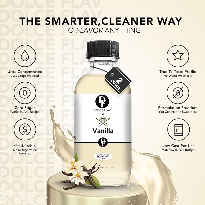Dolce Flav Vanilla Extract 8 oz ??Kosher, Sugar-Free, Concentrated Vanilla Flavoring for Baking, Cookies & Desserts, Includes Measured Dropper