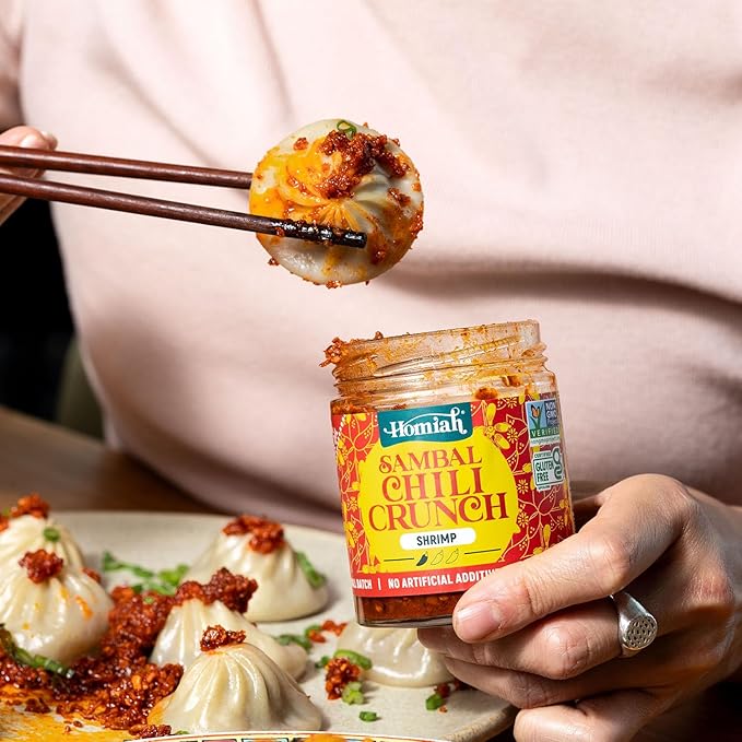 Homiah Sambal Chili Crunch, Shrimp, 6oz - Less Oil Low Sodium Gluten Free Non-GMO, Sambal Oelek Chili Paste, Shrimp Paste, Crispy Chili Crunch Topping ??Mild