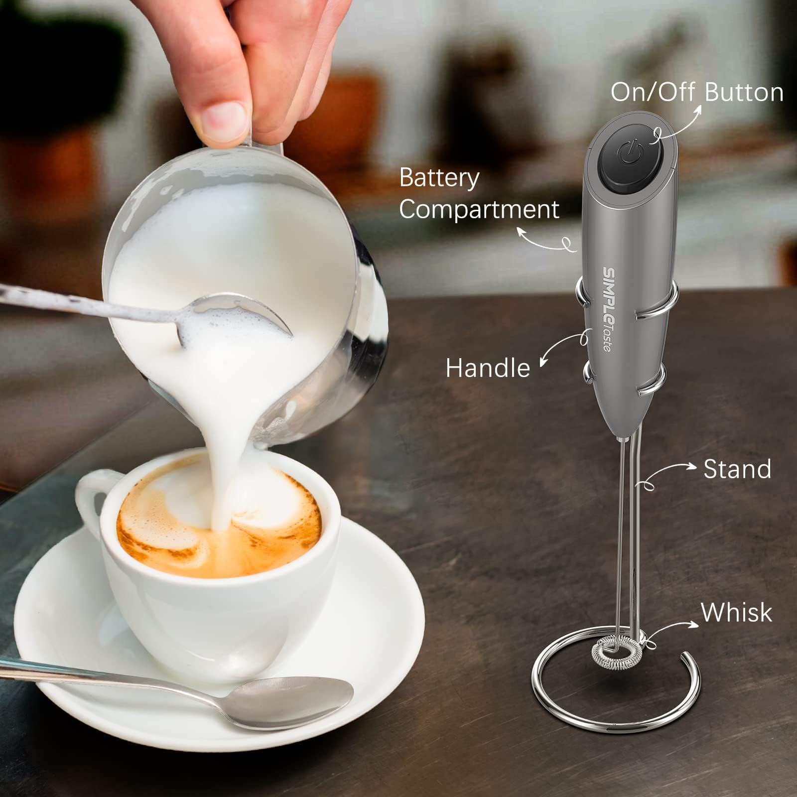 SIMPLETASTE Milk Frother Handheld Electric Foam Maker Battery Operated