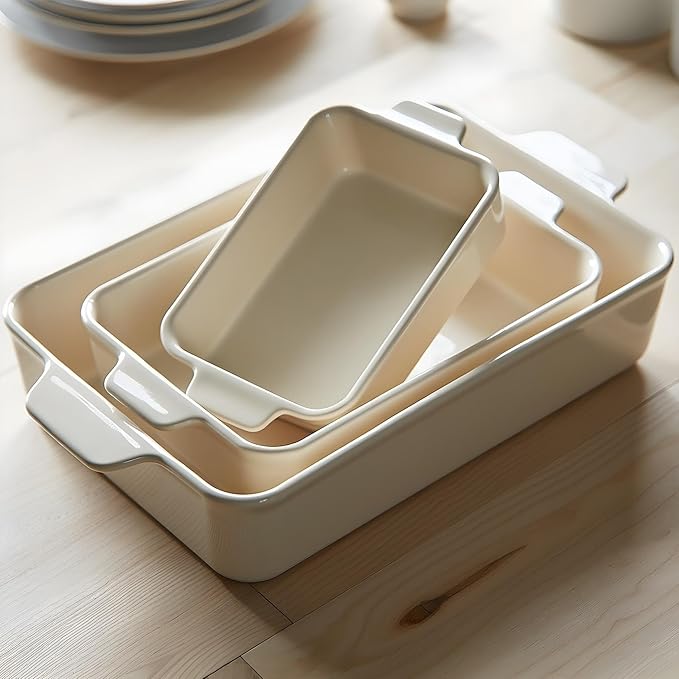 Kook Casserole Dishes for Oven, Ceramic Bakeware Set, Rectangular Baking Dishes, For Casseroles, Lasagna, Cake, Small, Medium & Large Pans, Microwave & Dishwasher Safe, Set of 3 (Cream)