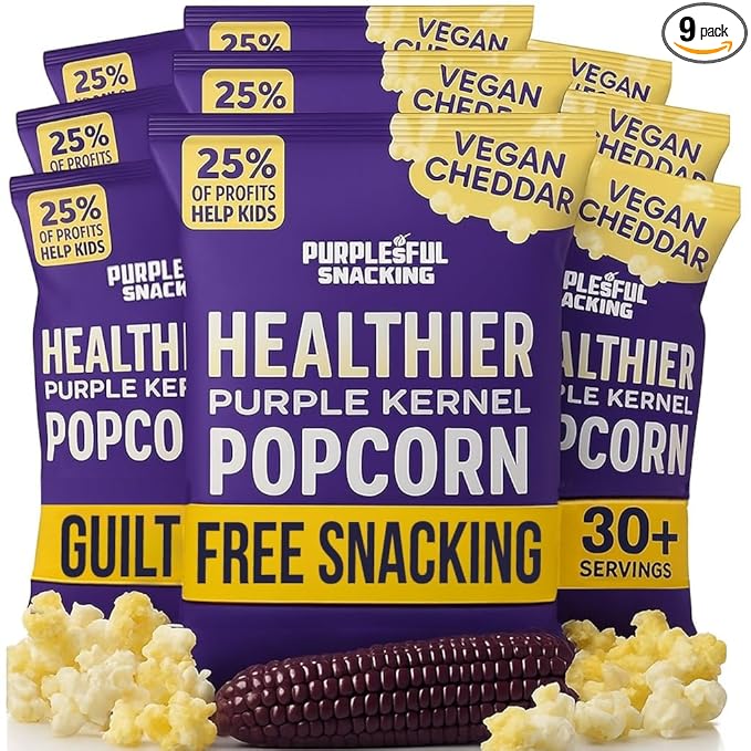 Purplesful Purple Corn Popcorn, Silkier, Creamier & Healthy Popcorn, Vegan-Friendly, Non-GMO, Flavorful Popped Corn Gourmet Snack, Vegan Cheddar, Big Bulk Pack - 4.8 Oz Per Pack (Pack of 9)