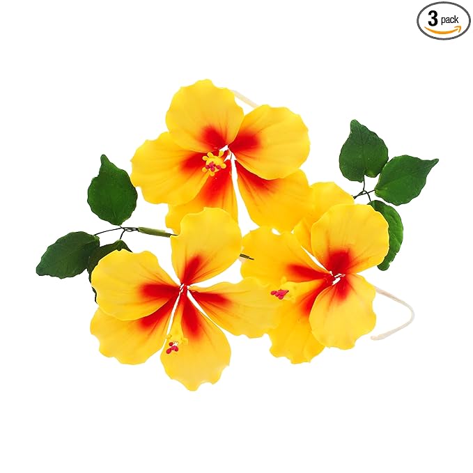 Global Sugar Art Hibiscus Sugar Cake Flowers, Yellow with Red, 3 Count with Leaves by Chef Alan Tetreault