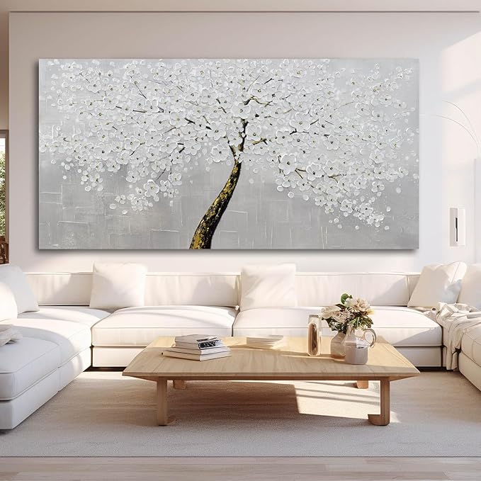 VAYIMDH Botanical Wall Decor for Living Room White with Gold Painting on Canvas Floral Wall Art Nature Artwork for Office Home 29"x 58" Hand Painted