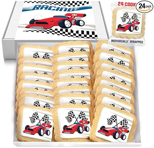 Race Car Themed Cookies Party Favors | Individually Wrapped 24 Pack Bulk | for Kids Birthday Treats | Red Black White Raceway Race Track Checkered Racing Theme