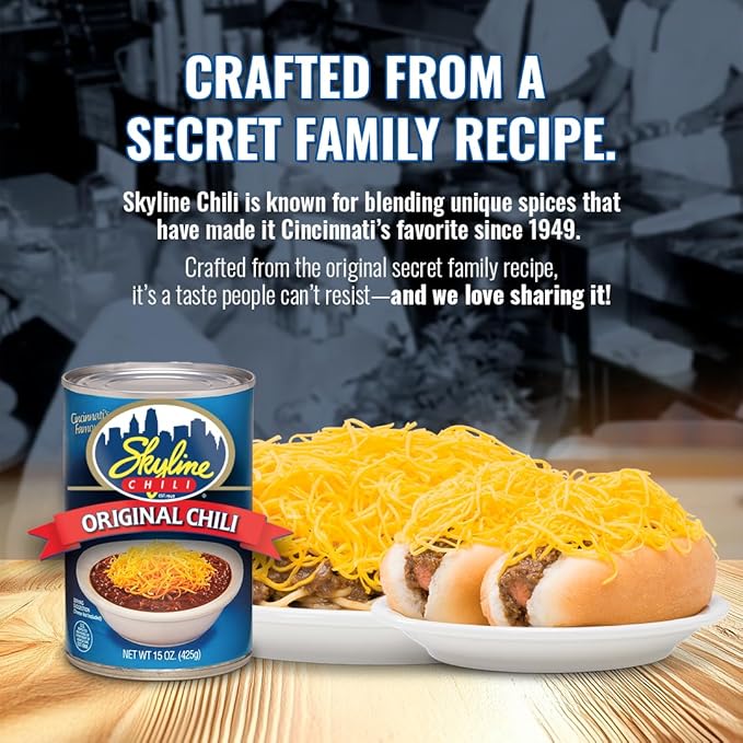 Skyline Chili Bundle - 8-Pack of 15oz Cans Original Chili, (1) 6oz Skyline Hot Sauce Bottle - Authentic Cincinnati Ground Beef Chili with No Beans - Ready to Heat Meal for Hot Dogs, Spaghetti & More