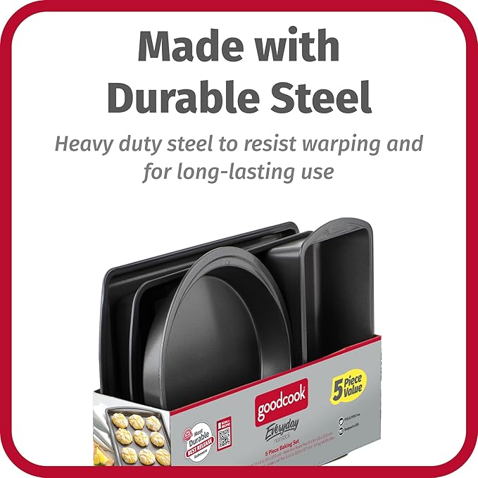 GoodCook Everyday Nonstick Steel 5-Piece Bakeware Set, Gray, Includes Cookie Sheet, Cake Pan, Loaf Pan, Muffin Pan, and Roast Pan, Durable and Scratch-Resistant Baking Set