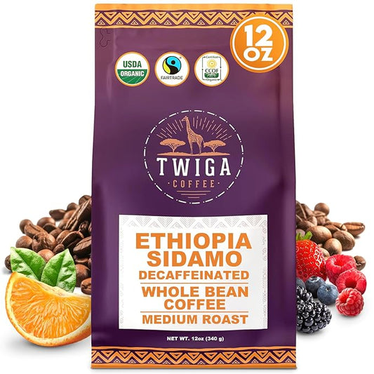 Twiga Coffee Premium Ethiopian Sidamo Decaf ??Organic Medium Roast Arabica Whole Bean ??Decaf Coffee Beans, Rich Berry, Citrus & Floral Notes ??Single Origin, Freshly Roasted from Ethiopia ??12 oz