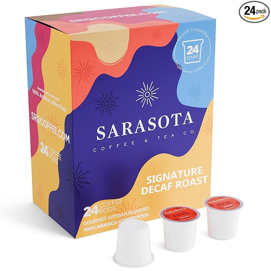 Sarasota Coffee Pods | Decaf Dark Roast | Single Serve for K Cup Pod Brewers | Gourmet, Low Acid, Mold Free | 24 Count